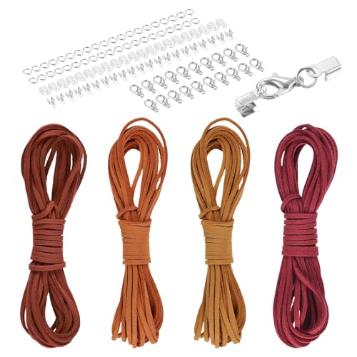 MECCANIXITY 4 Pcs Suede Cord, 5.5 Yards Flat Faux Leather Cord Soft Durable Leather String with Silver Closed-Mouth Ring Rope Clip Lobster Clasps for Art Craft, Orange Yellow/Red Series - color: Orange Yellow/Red Series