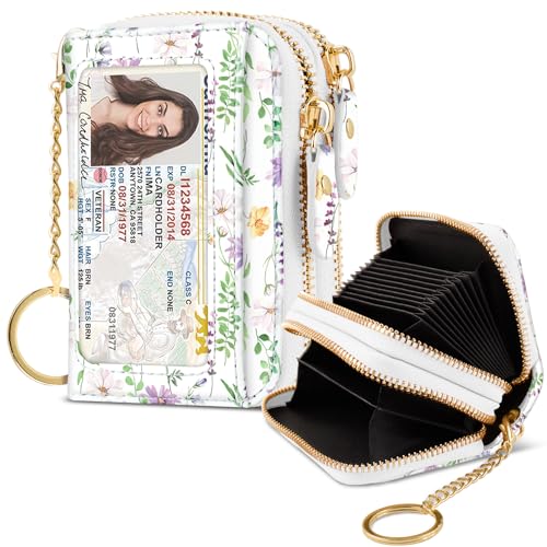 Credit Card Holder Glitter Shining Leather Small Cute Double Zipper Card Wallet for Women with Keychain,White Daisy - color: White Daisy