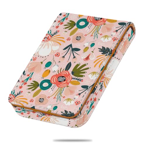 Business Card Holder, PU Leather Printing Business Card Case Pocket with Magnetic Shut, Portable Business Card Carrier Holder for Women or Men (Flower-Pink) - color: Flower-Pink