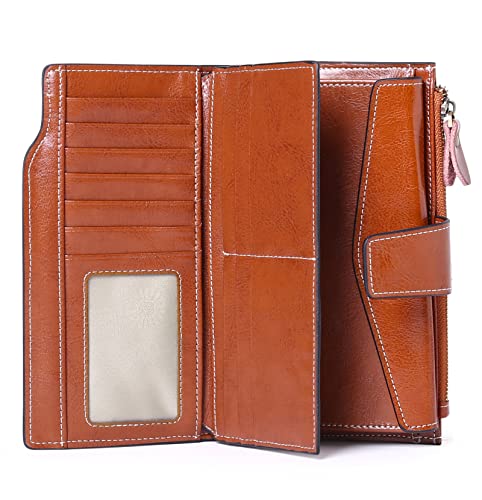 SENDEFN Women Leather Wallets RFID Blocking Clutch Card Holder Ladies Purse with Zipper Pocket - color: A-Brown
