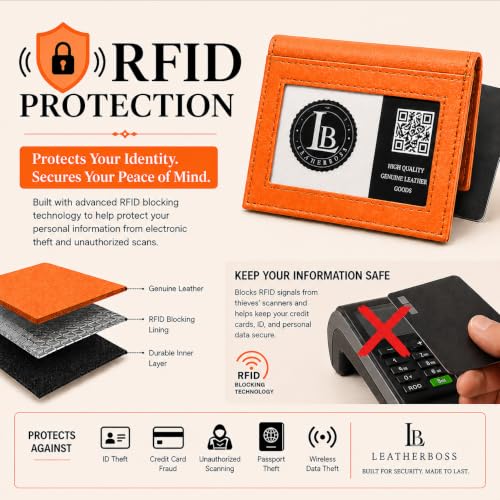LB LEATHERBOSS Slim Thin Leather Credit Card Triple ID Window Mini Wallet Bifold Driver License Safe (Orange) - color: Orange