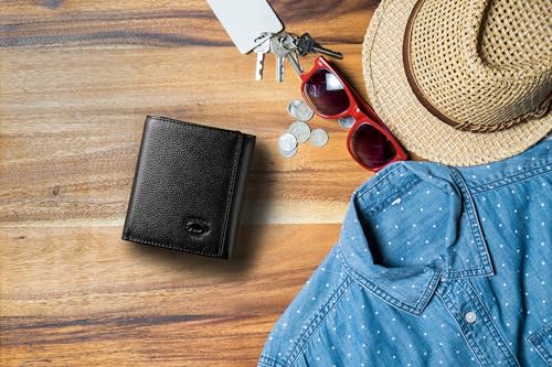 Stealth Mode Leather Trifold RFID Wallet For Men With Flip Out ID Holder - color: Black Pebble