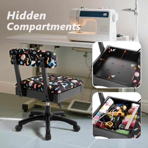 Lessmore Adjustable Height Sewing and Crafting Chair with Wheels, Back Support, and Under Seat Storage - Perfect for Your Craft Room Furniture and Craft Machines (Pattern-Blue) - color: Pattern-Blue