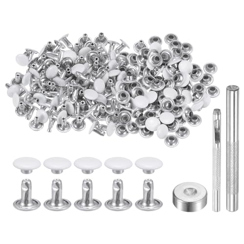 HARFINGTON 100 Sets Leather Rivets 8mm x 8mm Metal Double Cap Rivet Snaps Studs Fasteners with 3pcs Setting Tools Rivets for Leather Craft DIY Repair Decoration, White - color: White, size: 8mm x 8mm