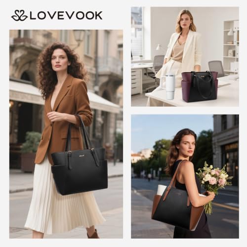LOVEVOOK Laptop Tote Bag for Women,Leather Work Computer Briefcase Bag | Large Cup Holder,17.3 Inch Work Tote,Professional Briefcase,Teacher Commuter Shoulder Bag,Office,Travel,Gift - color: Black-white-brown, size: 17.3 Inch