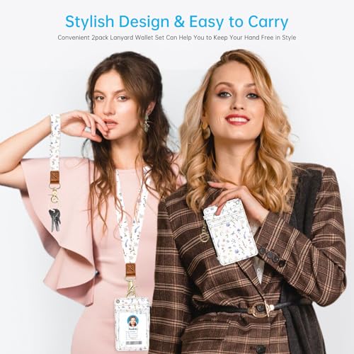 2-in-1 ID Badge Holder & Lanyard Wallet，Cute Zippered Pouch White Flowers 2 | for Teachers,Nurse,Professionals，Removable Wristlet & Neck Lanyard,5 Card Slots Stylish Work Essential - color: White Flowers 2