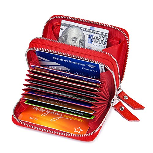 KALMORE Wallets for Women Genuine Leather Double Zipper RFID Blocking Purse with Coin Pocket - color: Red