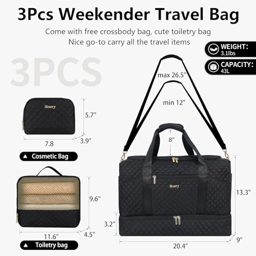 Stuery Weekender Bags for Women with Toiletry Bags: Large Overnight Bags Travel Duffel Bag Carry On Shoulder Weekend Tote with Shoe Compartment and Wet Pocket for Girls Airplane Traveling,Dark - color: B-3PCS All Dark