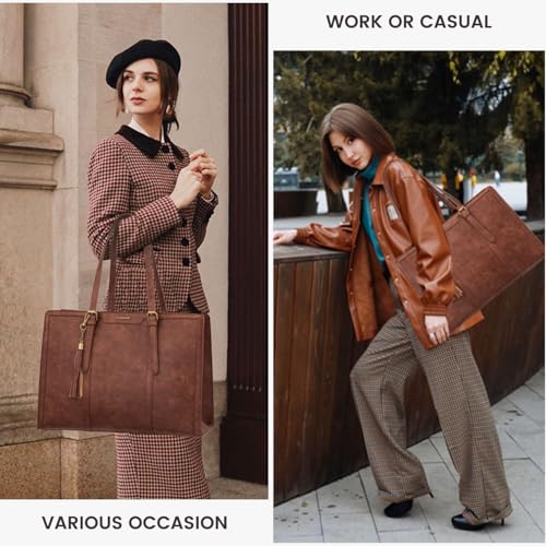 LOVEVOOK Laptop Bag for Women Vintage Leather Laptop Tote 17.3 inch Large Capacity Computer bag with Clutch Purse for Work - color: Brown, size: 17.3 inch