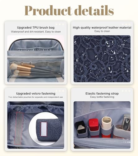 BOYATU Travel Makeup Bags Cosmetic Organizer Bag: 3 Pcs Set Large Capacity Make up Bag with Compartments - Waterproof Leather Toiletry Bags with Handle for Women (A-Dard Blue) - color: A-Dard Blue
