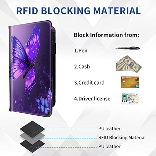 DEGDFSGR Checkbook Cover - Premium Leather Standard Duplicate Register Check Card Book Holder Wallet with RFID Blocking Function for Girl Men Women,Purple Butterfly - color: Purple Butterfly