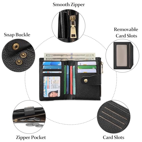 GAEKEAO Small Wallets Woman RFID Blocking Leather Bifold Card Holder Wallets with Zipper Pocket Removable ID Window - color: D04-Black