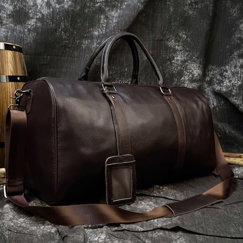 Leather Travel Bag Large Capacity Luggage Duffel Bag with Shoe Compartment, Men Women Weekend Shoulder Handbag for Holiday Business Trip (55cm-Brown) - color: 55cm-Brown