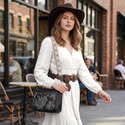 Crossbody Bags for Women, Medium Vegan Leather Purses | Large Capacity Multi-Pocket Embossed Shoulder Bag with Boho Strap for Daily Travel - color: Black Silver
