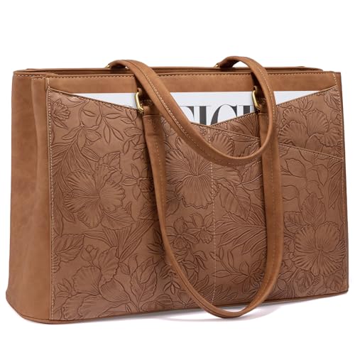 LOVEVOOK Laptop Tote Bag for Women,Leather Work Computer Briefcase Bag - color: Brown, size: 15.6 inch