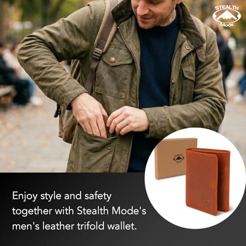 Stealth Mode Trifold Leather Wallet for Men with RFID Blocking (Clay) | Top Grain Napa Leather, 9 Card Slots, ID Window, Gift Box – Gift for Dad, Husband, or Son - color: Clay