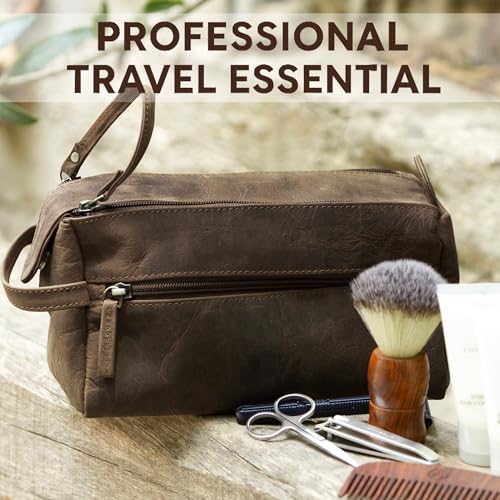 Rustic Town Leather Wash Bag for Men - Travel Toiletry Bag - Shaving Dopp Kit Toiletries Organizer - Leather Makeup Bag for Women | Main Compartment, Interior & Exterior Zip Pockets, YKK Zippers, Waterproof Lining; TSA Carry-On; Gifts for Him, Brown - col