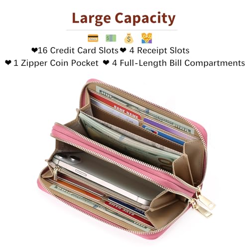 GOIACII Women's Wallet RFID Blocking Leather Wristlet | 2 Zip Around, Large Capacity, Credit Card Holder, Ladies Phone Clutch Purse - color: A12 Barbie Pink