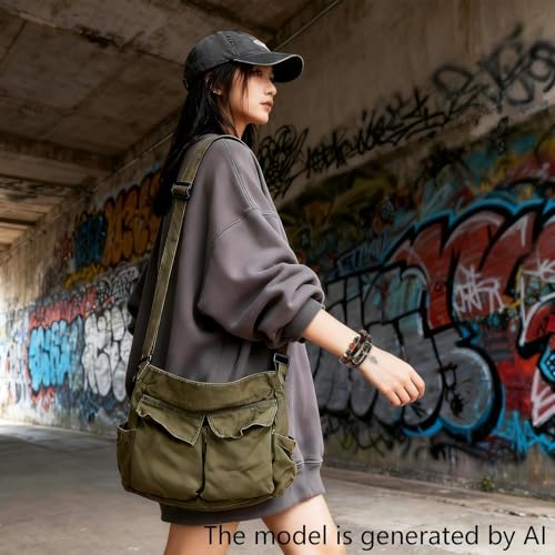 Canvas Messenger Bag for Women, Grunge Bag with Fairy Grunge Bracelet, Crossbody Bag with Bracelets Fairy Grunge Clothes - color: Military Green