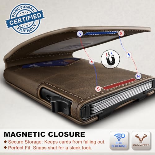 BULLIANT Men Slim Magnetic Leather Wallet Metal Case Money Clip 9 Cards | RFID Blocking | Easy Pop-up Access | Gift Boxed - color: Coffee-4338