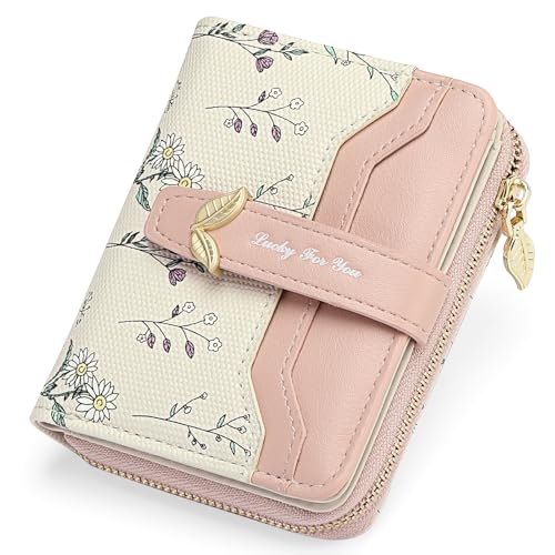 GAEKEAO Small Wallets Woman RFID Blocking Vegan Leather Bifold Floral Ladies Purse Card Holder with Zipper Pocket ID Window - color: Z-Pink