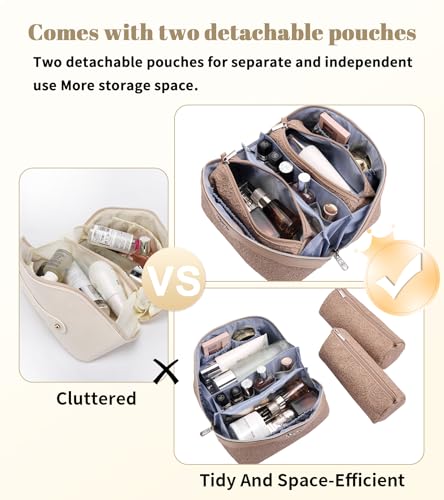 BOYATU Travel Makeup Bags Cosmetic Organizer Bag: 3-Set Large Capacity Make up Bag - PU Leather Toiletry Bags for Women - Wide Open Portable Pouch with Divider & Handle (A-Tan) - color: A-Tan