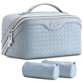BOYATU Travel Makeup Bag Cosmetic Bags for Women: 3 Pcs Set Make up Bag | Large Capacity Waterproof Vegan Leather Organizer Bags with Compartments - Lay flat Toiletry with Handle (L04 Light Blue) - color: L04 Light Blue