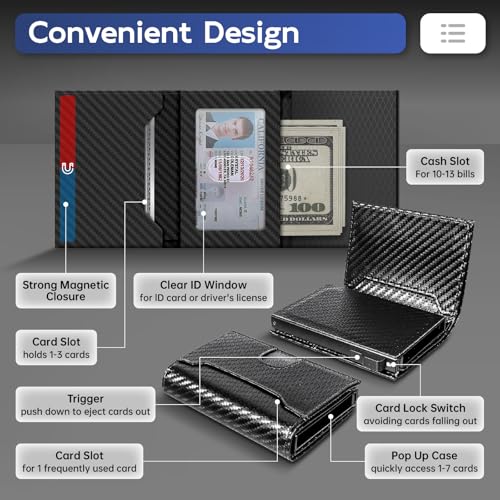 Wallet for Men, Slim Minimalist Mens Wallet for RFID Blocking, Front Pocket Credit Card Holder Wallets with ID Window, Smart Pop Up Metal Aluminum Case Gift for Men, Carbon Fiber Black