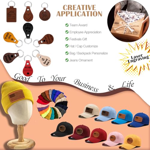 90 Pcs Lasable Engravable Blanks - Leatherette Iron on Hat Patches & PU Leather Key Fob Kit for DIY Custom Laser Engraving Craft Gifts - color: Brown Patches & Brown Keychains, size: 90 pcs