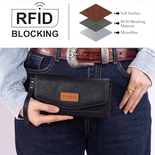 Montana West X Wrangler Womens Wallet Large Capacity Long Compact | Black Wallet for Women Wristlet Wallet with Rfid Lining Trifold Cash Wallet with Coin Purse and Detachable Wrist Strap - color: Trifold-Black