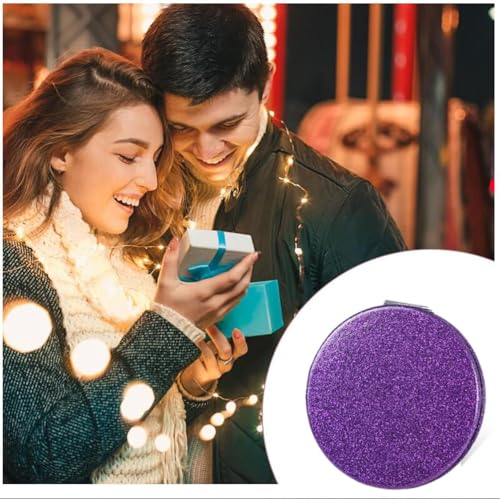 Cute Purple Compact Mirror for Women,Magnifying Travel Mirror with Glitter,Leather Small Pocket Mirror,Portable 2 x 1x Magnification Folding Makeup Mirror,Cosmetic Mirror for Gift - color: Purple-round