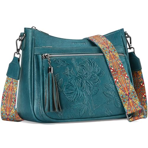 Crossbody Bags for Women, Medium Vegan Leather Purses | Large Capacity Multi-Pocket Embossed Shoulder Bag with Boho Strap for Daily Travel - color: Peacock Blue