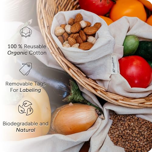 LEAFICO Multipurpose Eco Cloth Bags - Large 10x12 Inch (12 Pack) - Cotton Produce Storage Sacks - Muslin Drawstring Pouches for Vegetables - Bread Bags - Fabric Sachets - size: Large 10x12"