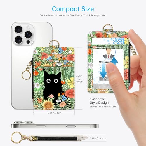 2-in-1 ID Badge Holder & Lanyard Wallet，Cute Zippered Pouch Cat Flowers | for Teachers,Nurse,Professionals，Removable Wristlet & Neck Lanyard,5 Card Slots Stylish Work Essential - color: Cat Hidden Among the Flowers
