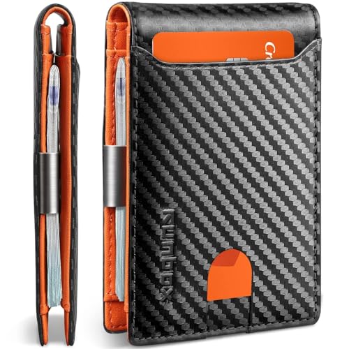 RUNBOX Slim Wallet for Men - RFID Blocking Leather Bifold with Money Clip | Minimalist Front Pocket Wallet Holds 11 Cards,Slim Thin Design,RFID Blocking Protection, Practical Birthday Gifts for Men - color: Carbon Black&Orange