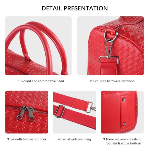 Weekender Bags for Women Woven Leather Travel Duffle Bag Gym Tote (Red) | Carry On Bag for Men with Shoe Compartment Dry and Wet Separation - color: Red