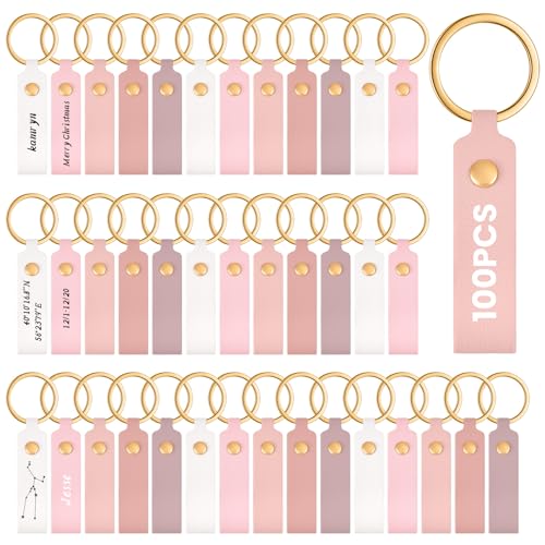 Wavyknot 100 Pcs PU Leather Keychain Blanks Bulk Laser Engraving Blanks Keychain Kit with Key Rings for DIY Key Chains Craft(3.7 x 0.7 Inches, Pink Series) - color: Pink Series, size: 3.7 x 0.7 Inches