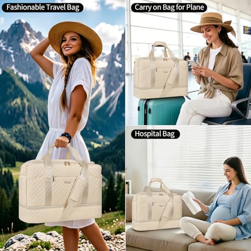Stuery Weekender Bags for Women with Toiletry Bags: Large Overnight Bags Travel Duffel Bag Carry On Shoulder Weekend Tote with Shoe Compartment and Wet Pocket for Girls Airplane Traveling,Beige White - color: C-3PCS Beige White