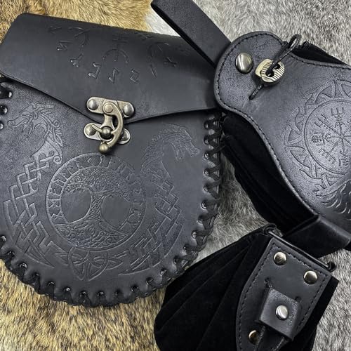 EpicCos 3 PCs Medieval Faux Leather Belt Bag Set, Renaissance Drawstring Pouch Dice Bag, Vintage Side Pack Coin Purse for LARP (Black A) - color: Black A