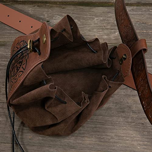 Embossed Fenrir Mjolnir Leather Drawstring Belt Pouch Men Women | Portable Waist Pack,Retro Medieval Viking Knight Look,Multifunctional Bag,Ideal LARP Party Halloween Cosplay Wear,Gift,Brown - color: Viking Fenrir and Mjolnir Belt Pouch-Brown