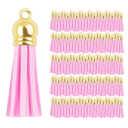 Mandala Crafts Gold Cap Light Pink Faux Suede Leather Tassels, 100 PCs - color: Gold Cap Light Pink Suede