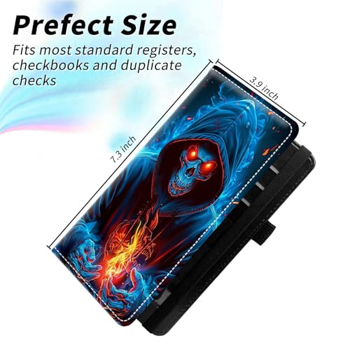 Check Book Cover for Personal Checkbook, Leather Business Checkbooks Plastic Insert Flap Card Holder Pen Hoop Holder with RFID Blocking Slim Wallet for Women Men, Blue Flame Skull - color: Blue Flame Skull