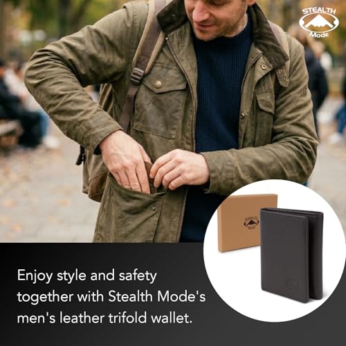 Stealth Mode Trifold Leather Wallet for Men with RFID Blocking | Black Pebble Top Grain Napa Leather, 9 Card Slots, ID Window, Gift Box – Gift for Dad, Husband, or Son - color: Black Pebble