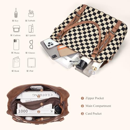 Checkered Tote Bag Large Checkered Purses for Women Plaid Hobo Shoulder Bag Multiple Pockets Tote Handbags - color: A01-brown