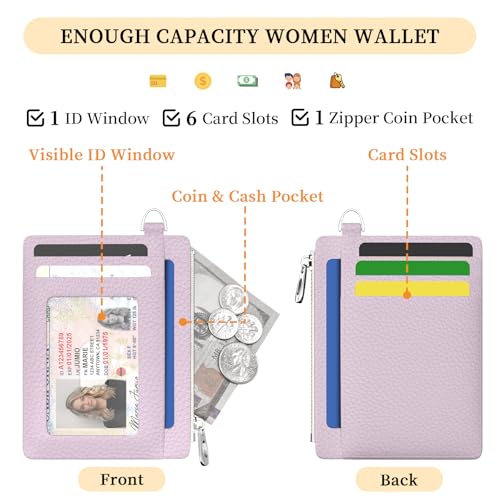 Hancynir Minimalist Slim Wallet Women Credit Card Holder, RFID Small Cute | Zipper Pocket Wallet, Thin Travel Coin Purse, Ladies Women Gifts, Key Chain Card Case, 6 Card Slots, ID Window, PU Leather - color: 1- Lichee PR