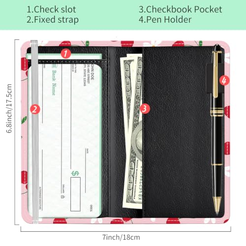 Checkbook Cover for Personal Checkbook, Cute Pu Leather Check Book for Women & Men, Slim Checkbook Holder with Pen Holder and Built-in Clear Plastic Divider, Pink Cherry - color: Pink Cherry
