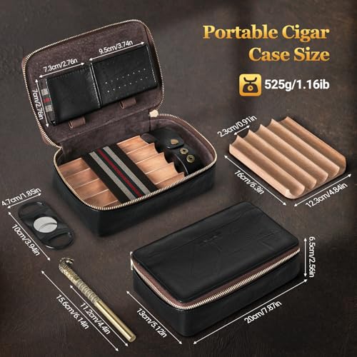 Cigar Humidor, Leather Travel Cigar Case, Portable Cigar Box with Cigar Draw Enhancer and Multifunction Cigar Cutter, Cigar Accessories Gift Set (Black) - color: Black
