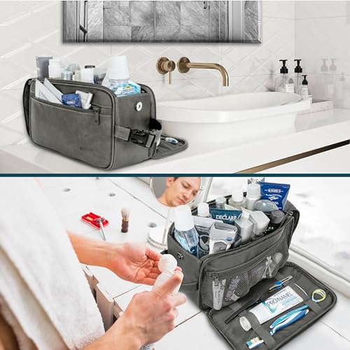PAVILIA Toiletry Bag for Men, Travel Essentials Shaving Dopp Kit, Mens Travel Bag Toiletries Organizer Case for Grooming, PU Leather Water Resistant Cosmetic Bag Pouch (XL, Dark Grey) - color: Gray, size: Extra Large (12x6x7)