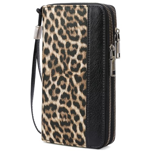 GOIACII Women's Wallet RFID Blocking Leather Wristlet | 2 Zip Around, Large Capacity, Credit Card Holder, Ladies Phone Clutch Purse - color: A18 Leopard Print Black