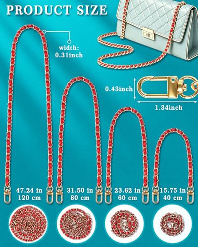 FIVEIZERO 4 Sizes Red Purse Chain, Flat Red Leather Bag Chain | Metal Strap Extender Replacement, Purse & Bag Chains for Handbags, Shoulder Crossbody Clutch Handbag, 15.7/23.6/31.5/47.2in - color: Red